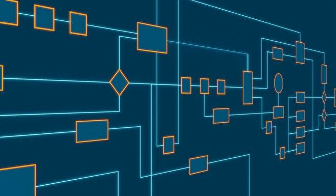 Eine digitale Illustration eines komplexen Flussdiagramms oder Netzwerkdiagramms mit miteinander verbundenen Formen wie Rechtecken, Rauten und Kreisen, die alle in Orange vor einem dunkelblauen Hintergrund umrissen sind.